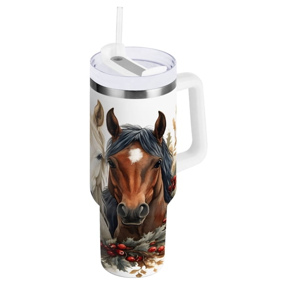 Ryvnso 40 oz Tumbler with Handle and Straw Insulated Stainless Steel Travel Mug with Lid Horses