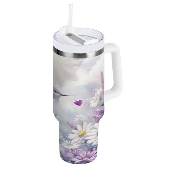 Ryvnso 40 oz Tumbler with Handle and Straw Insulated Stainless Steel Travel Mug with Lid Hummingbirds Lavender Flower