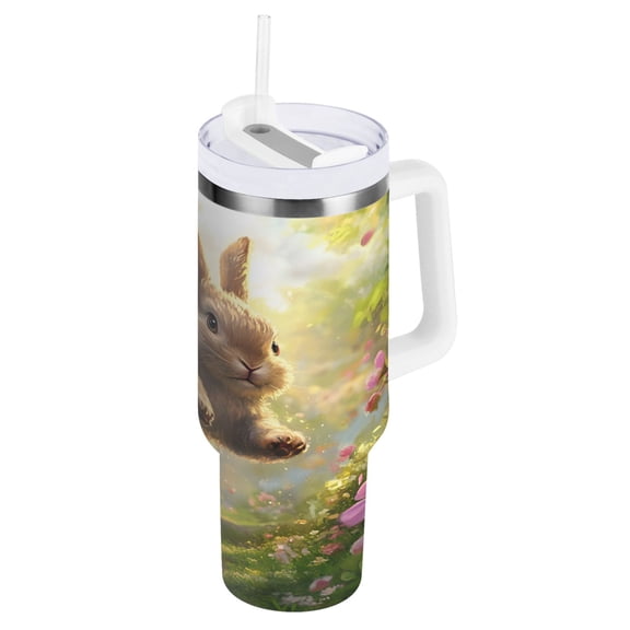 Ryvnso 40 oz Tumbler with Handle and Straw Insulated Stainless Steel Travel Mug with Lid Rabbit Running in Forest