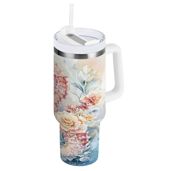 Ryvnso 40 oz Tumbler with Handle and Straw Insulated Stainless Steel Travel Mug with Lid Seahorse