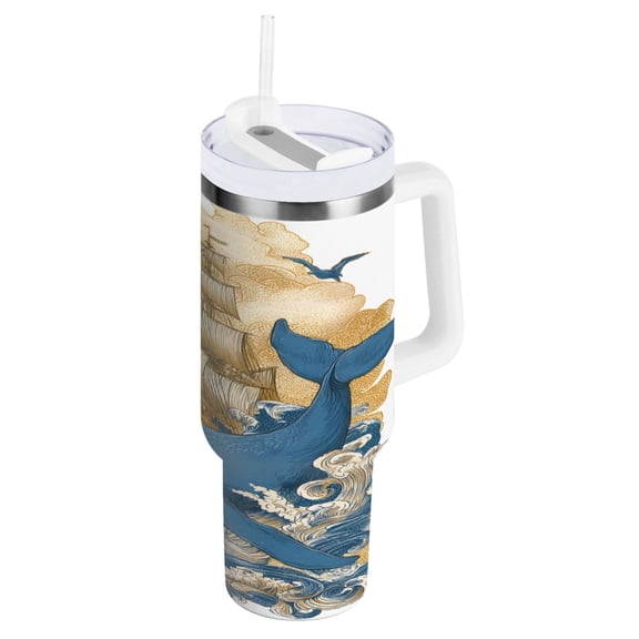 Ryvnso 40 oz Tumbler with Handle and Straw Insulated Stainless Steel Travel Mug with Lid Whale and Boat