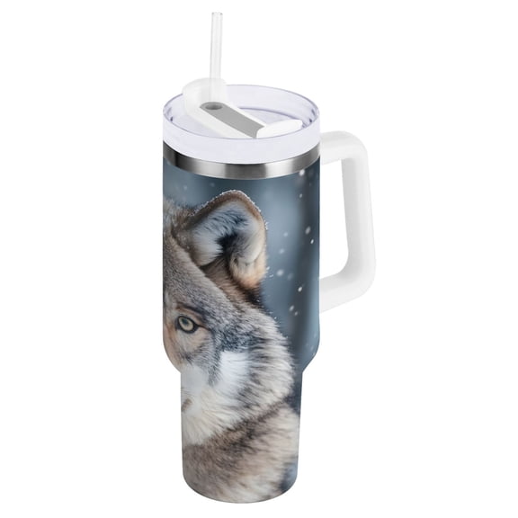 Ryvnso 40 oz Tumbler with Handle and Straw Insulated Stainless Steel Travel Mug with Lid Wolf in Winter Pattern