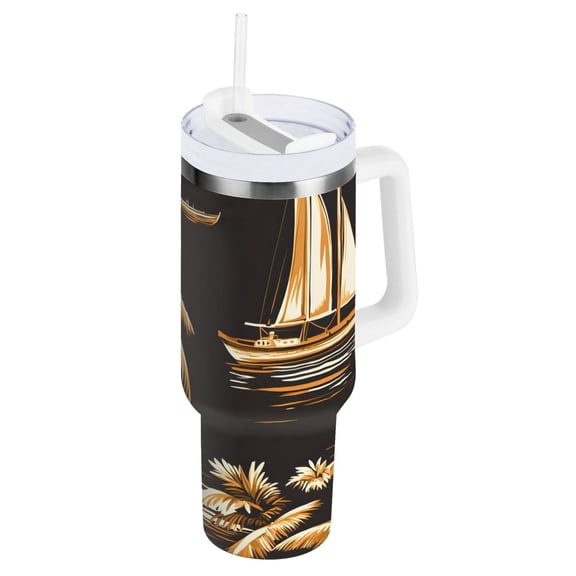 Ryvnso 40 oz Tumbler with Handle and Straw Palm Retro Tree Boat Insulated Stainless Steel Travel Mug with Lid