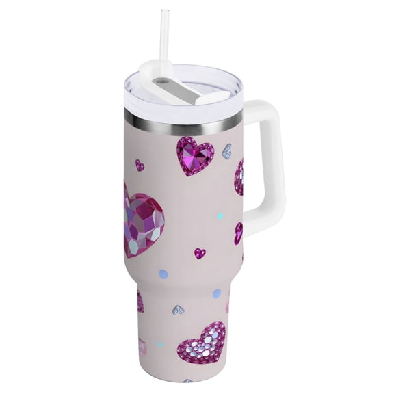Ryvnso 40 oz Tumbler with Handle and Straw Sparkling Hearts Insulated Stainless Steel Travel Mug with Lid