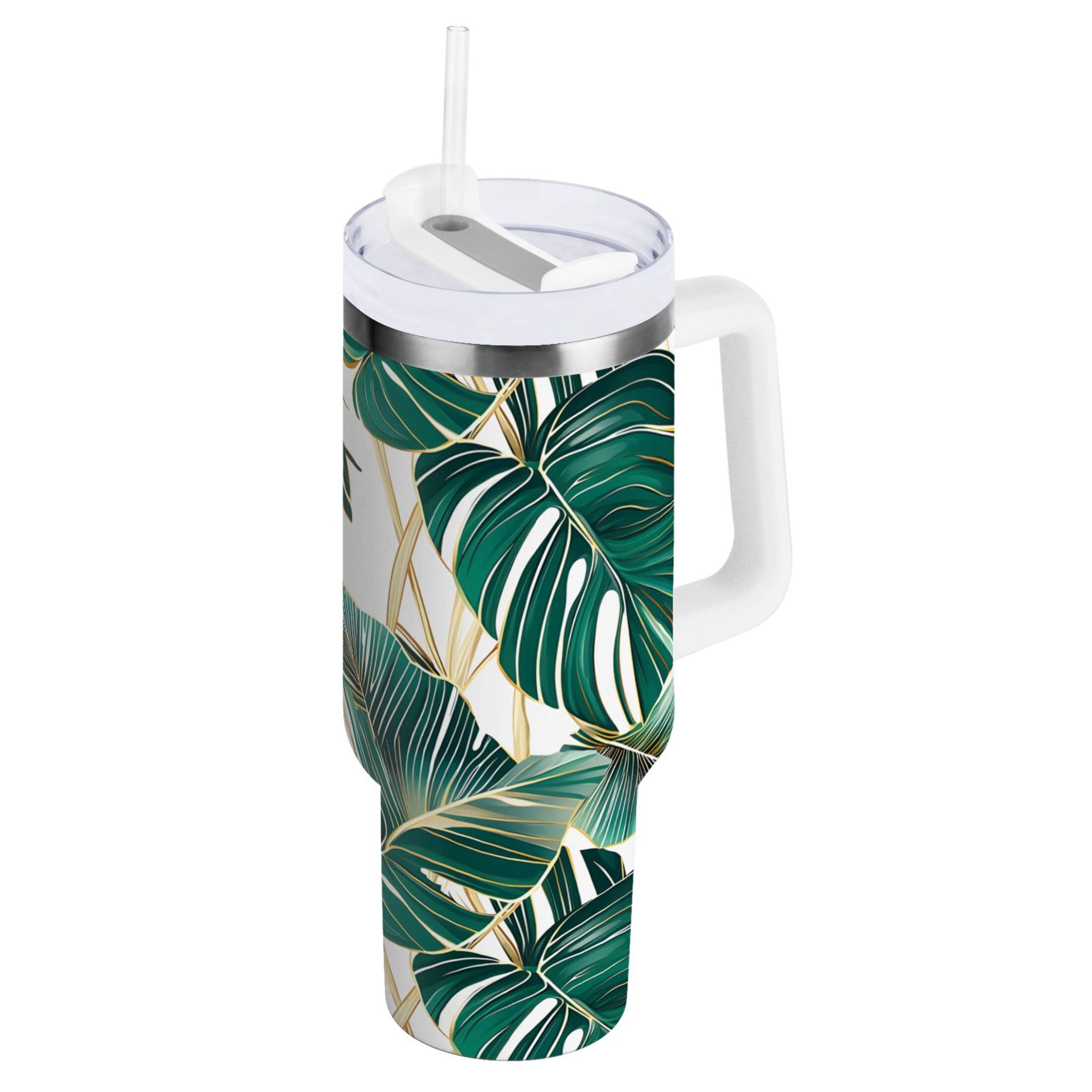 Ryvnso 40 oz Tumbler with Handle and Straw Tropical Leaves Green Insulated Stainless Steel Travel Mug with Lid