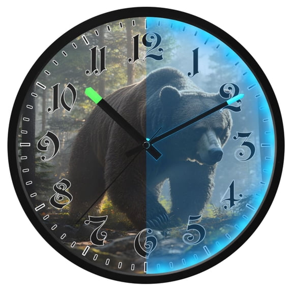 Ryvnso A Bear Walking in Forest 12 Inch Night Light Wall Clock Luminous Silent Battery Operate Clocks