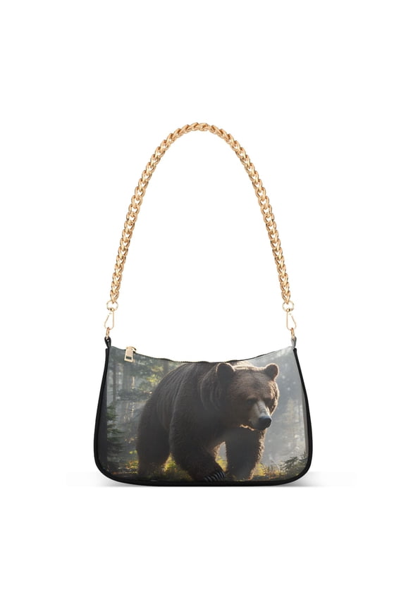 A Bear Walking in Forest Womens Chain Shoulder Bag Tote Handbags Clutch Hobo Purse with Zipper for Travel