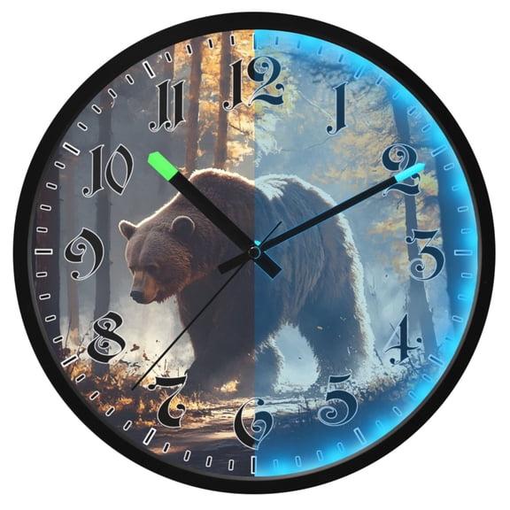Ryvnso A Bear in Autumn Forest 12 Inch Night Light Wall Clock Luminous Silent Battery Operate Clocks