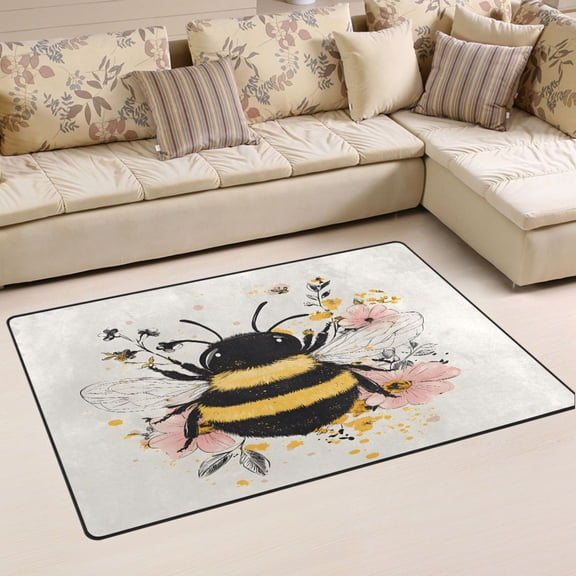 Ryvnso A Bee with Flower Area Floor Mat Non-Slip Carpet Soft Rugs Doormats 31" x 20"