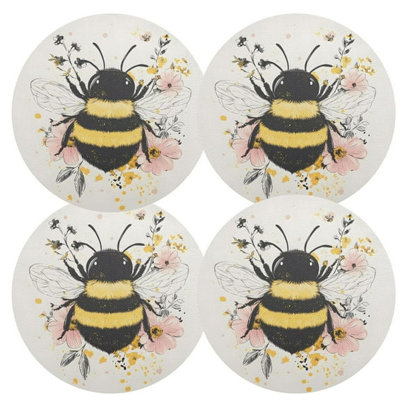 Ryvnso A Bee with Flower Round Plate Mats Dining Table Placemat Set of 4 for Holiday Decoration