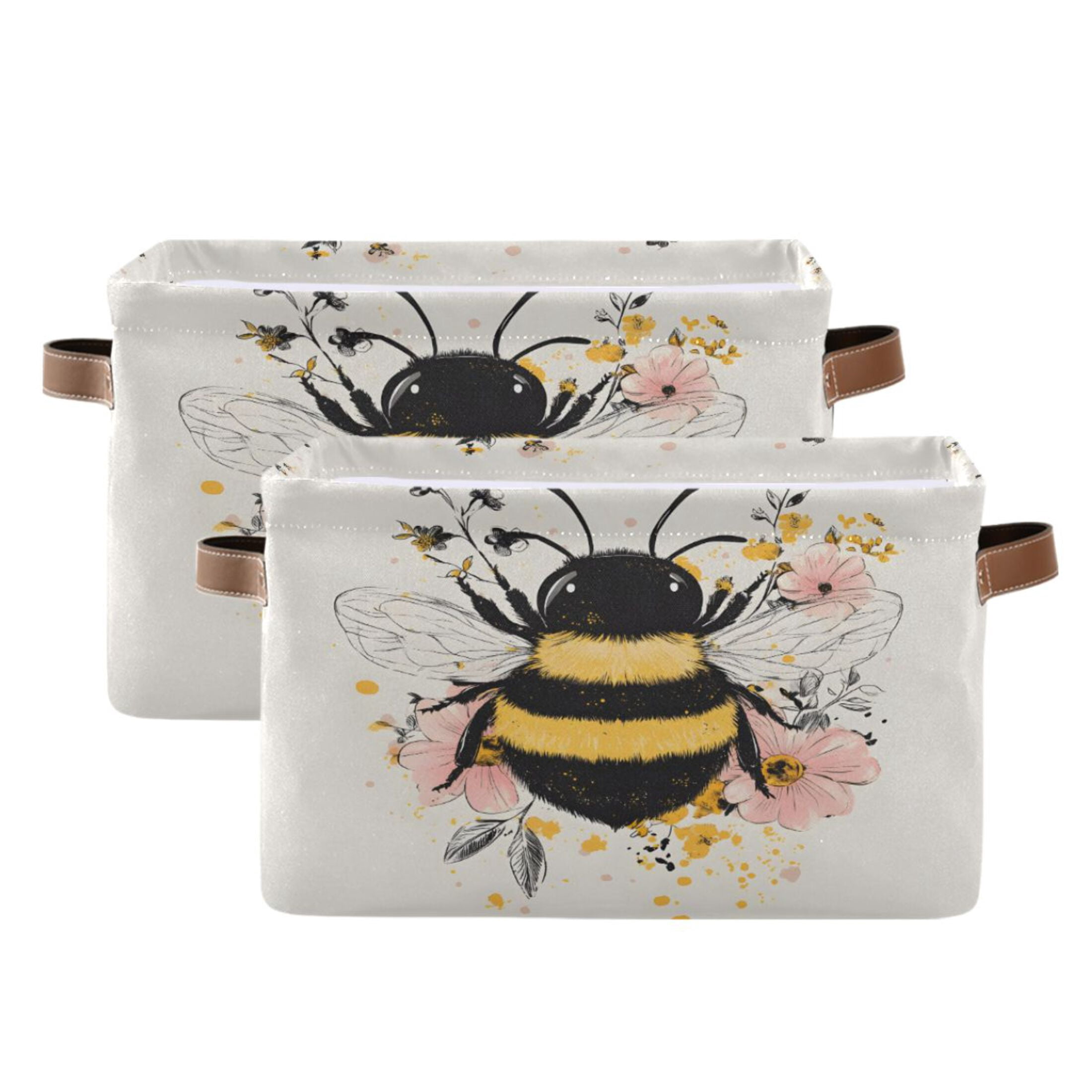 Ryvnso A Bee with Flower Storage Basket Large Bin Foldable Boxes Toys Organizer 14.2x10.2x8.3in 2 PCs