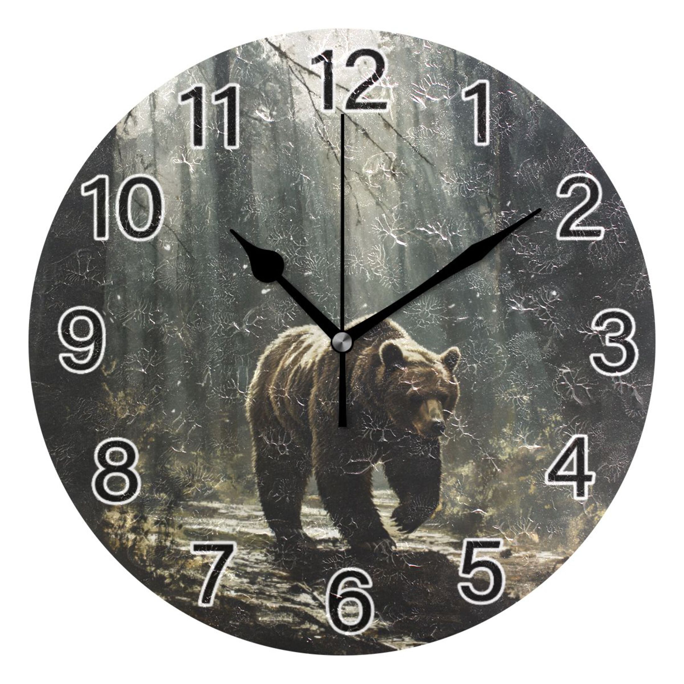 Ryvnso A Big Bear in Forest Wall Clock Non Ticking Silent Kitchen Clock ...