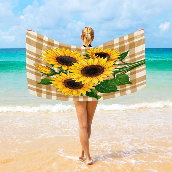 Ryvnso A Bouquet Of Sunflowers on A Plaid Background Beach Towel Quick Dry Swimming Yoga Beach Towels Large Sand Free Microfiber Towel 31"W x 71"L