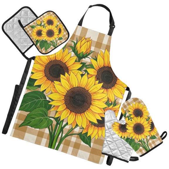 Ryvnso A Bouquet Of Sunflowers on A Plaid Background Kitchen Apron Oven Mitts Set Pot Holders