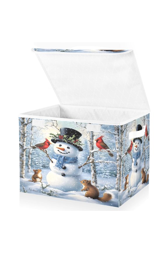 A Christmas Snowman with Cardinal Large Lidded Foldable Storage Baskets Cubes Boxes Lids Bin for Home