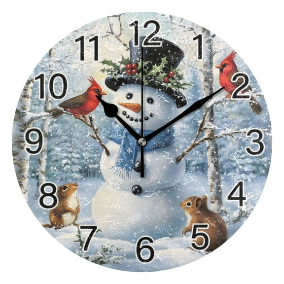 Ryvnso A Christmas Snowman with Cardinal Wall Clock Non Ticking Silent Kitchen Clock Battery Operated Clocks 10 inch