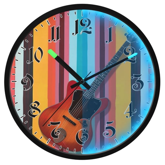 Ryvnso A Guitar on Stripe 12 Inch Night Light Wall Clock Luminous Silent Battery Operate Clocks