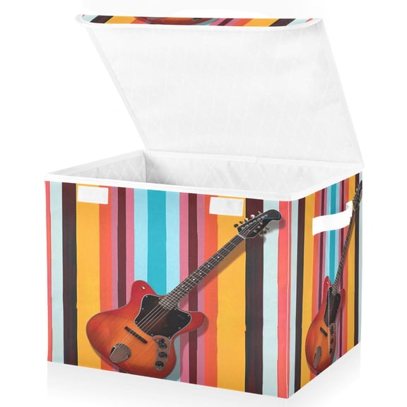 Ryvnso A Guitar on Stripe Large Lidded Foldable Storage Baskets Cubes Boxes Lids Bin for Home