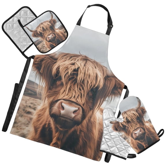 Ryvnso A Highland Cow Kitchen Apron Oven Mitts Set Pot Holders