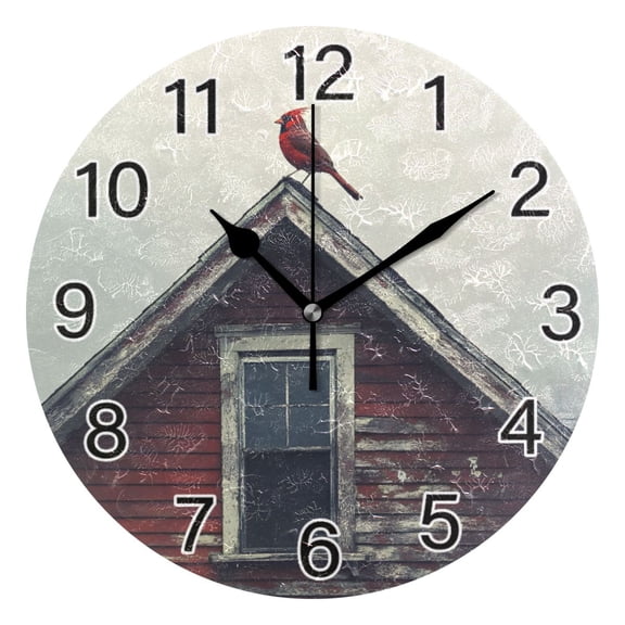 Ryvnso A Red Bird on Roof Wall Clock Non Ticking Silent Kitchen Clock Battery Operated Clocks 10 inch