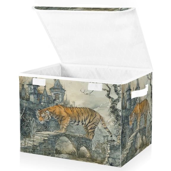 Ryvnso A Tiger on Bridge Large Lidded Foldable Storage Baskets Cubes Boxes Lids Bin for Home