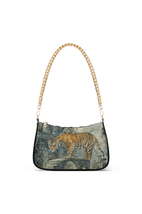 A Tiger on Bridge Womens Chain Shoulder Bag Tote Handbags Clutch Hobo Purse with Zipper for Travel