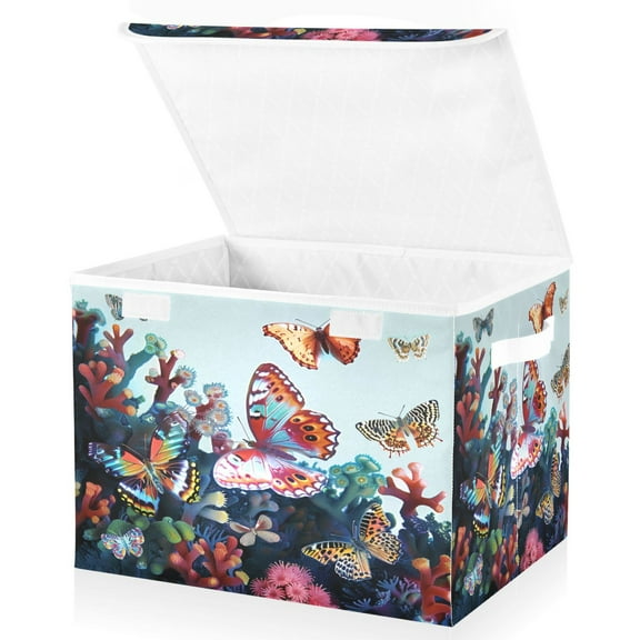 Ryvnso Abstract Butterfly Coral Large Lidded Foldable Storage Baskets Cubes Boxes Lids Bin for Home