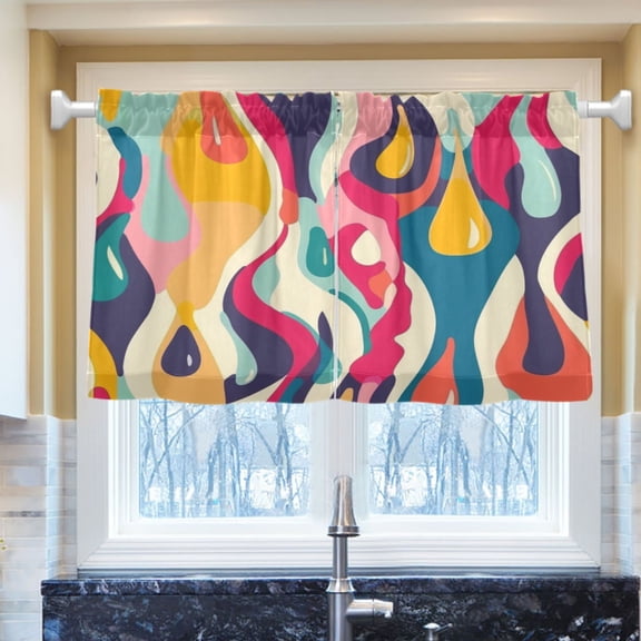 Ryvnso Abstract Drops Line Pattern Half Curtains Sets Tier 2 Panels Short Curtain Rod Pocket 27"W x 24"L