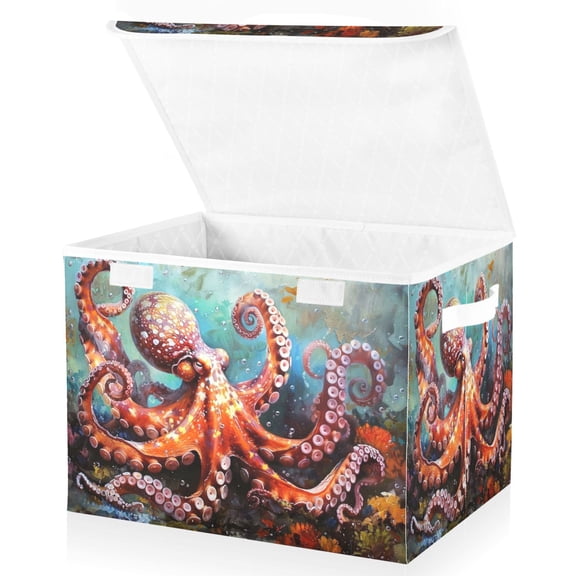 Ryvnso Abstract Octopus in Sea Large Lidded Foldable Storage Baskets Cubes Boxes Lids Bin for Home