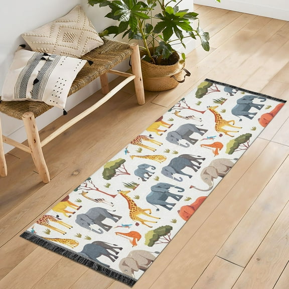 Ryvnso African Elephant Giraffe Bedroom Runner Rug 2'x6' Hallway Area Carpet Non Slip Entryway Mat with Tassels