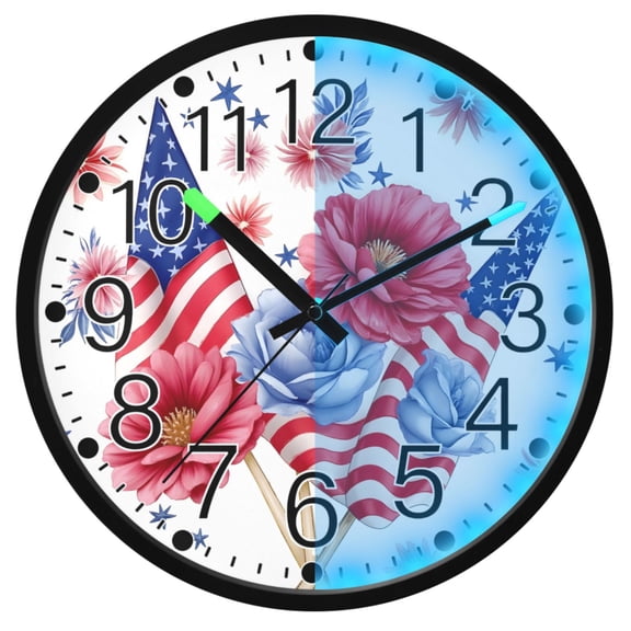 Ryvnso American Flag Flowers 12 Inch Night Light Wall Clock Silent Battery Operated Luminous Clocks