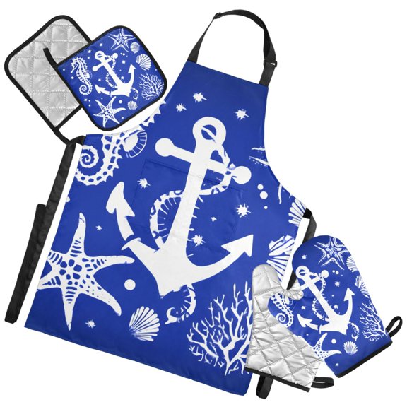 Ryvnso Anchors Starfish Seashells Kitchen Apron Oven Mitts Set Pot Holders