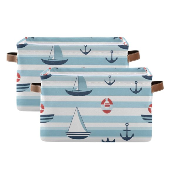 Ryvnso Anchors Stripes Storage Basket Large Bin Foldable Boxes Toys Organizer 14.2x10.2x8.3in 2 PCs