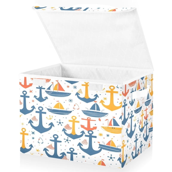Ryvnso Anchors and Boats Large Lidded Foldable Storage Baskets Cubes Boxes Lids Bin for Home