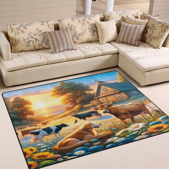 Ryvnso Animals on Wild Field with Sunset Area Floor Rugs Soft Non-Slip Large Mats Nursery Carpets 63" x 48"