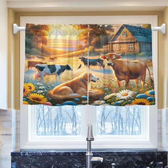 Ryvnso Animals on Wild Field with Sunset Half Curtains Sets Tier 2 Panels Short Curtain Rod Pocket 27"W x 24"L