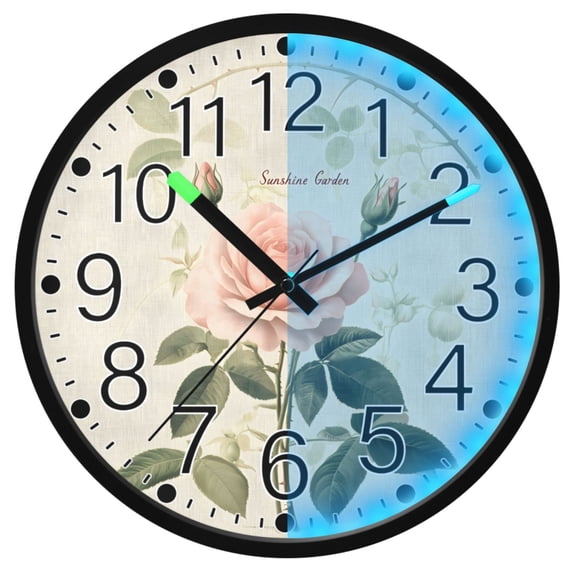 Ryvnso Art Blossom Rose Flower 12 Inch Night Light Wall Clock Silent Battery Operated Luminous Clocks