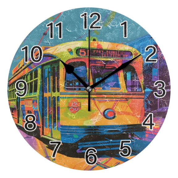 Ryvnso Art Bus Illustration Wall Clock Non Ticking Silent Kitchen Clock Battery Operated Clocks 10 inch