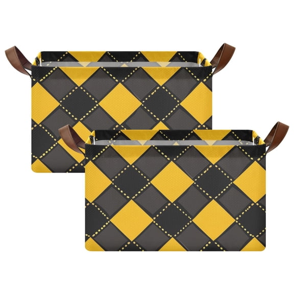 Ryvnso Art Yellow Checkered Grid Pattern Storage Bins Large Basket Foldable Cube Toys Organizer with Handles 2 PCs
