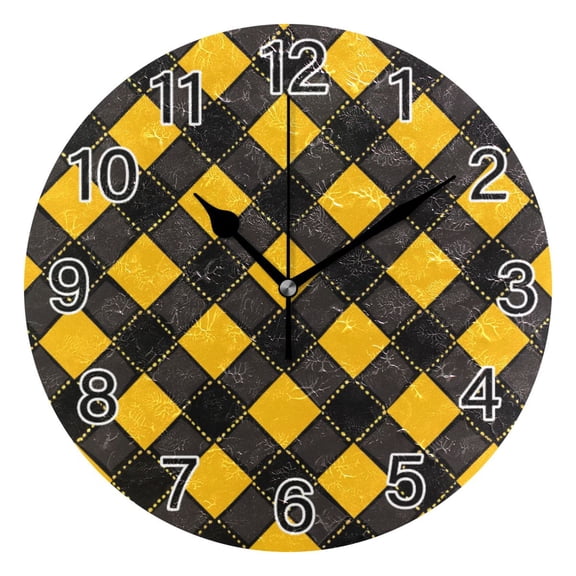 Ryvnso Art Yellow Checkered Grid Pattern Wall Clock Non Ticking Silent Kitchen Clock Battery Operated Clocks 10 inch