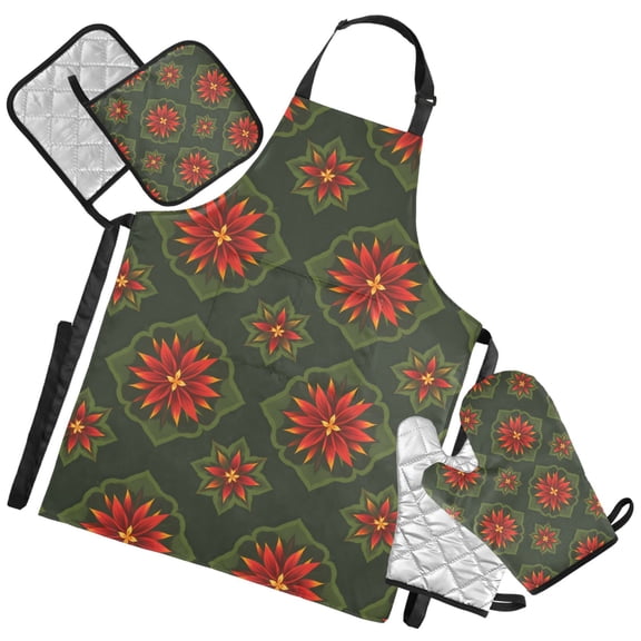 Ryvnso Artistic Holly Flower Kitchen Apron Oven Mitts Set Pot Holders