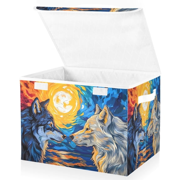 Ryvnso Artistic Wolves with Starry Sky Large Lidded Foldable Storage Baskets Cubes Boxes Lids Bin for Home
