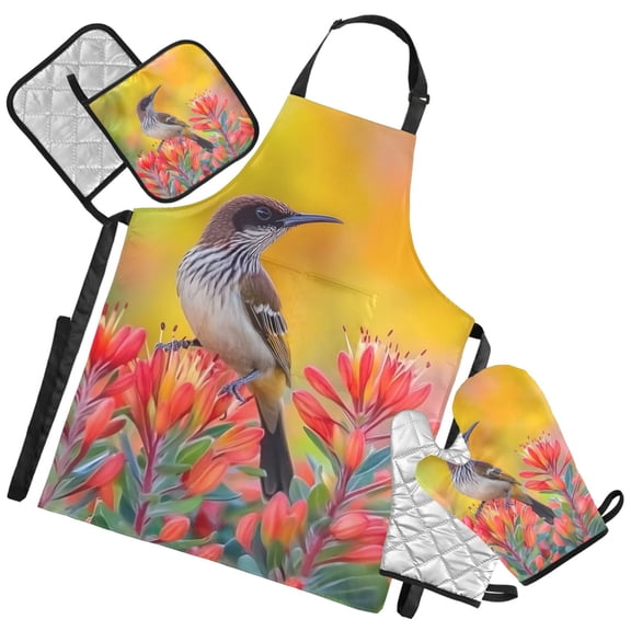 Ryvnso Australian Bird Flower Kitchen Apron Oven Mitts Set Pot Holders