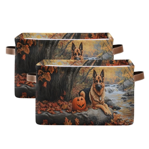 Ryvnso Autumn Dog and Pumpkin Storage Basket Large Bin Foldable Boxes Toys Organizer 14.2x10.2x8.3in 2 PCs