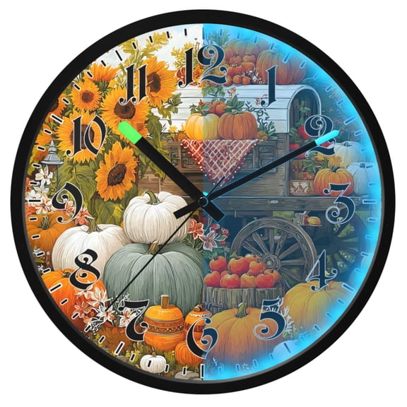 Ryvnso Autumn Harvest Pumpkins 12 Inch Night Light Wall Clock Luminous Silent Battery Operate Clocks