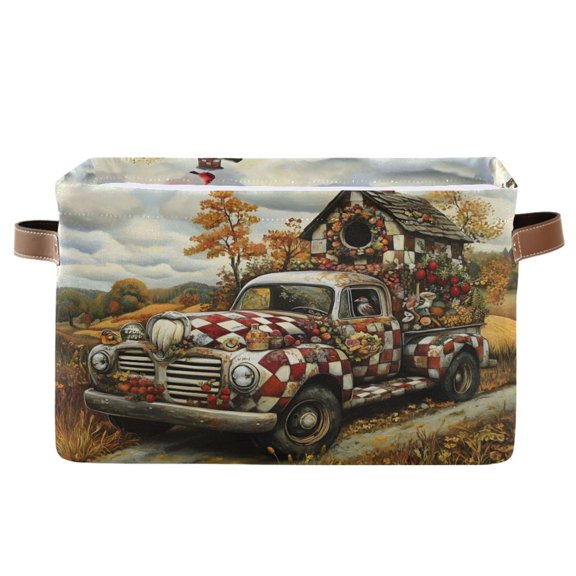 Ryvnso Autumn House on Checkered Car Storage Basket Large Bin Foldable Boxes Toys Organizer 14.2x10.2x8.3in 1 PC