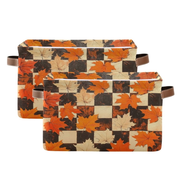 Ryvnso Autumn Leaf on Checkered Pattern Storage Basket Large Bin Foldable Boxes Toys Organizer 14.2x10.2x8.3in 2 PCs