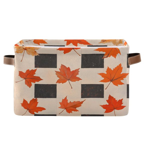 Ryvnso Autumn Leaves on Black Checkered Storage Basket Large Bin Foldable Boxes Toys Organizer 14.2x10.2x8.3in 1 PC