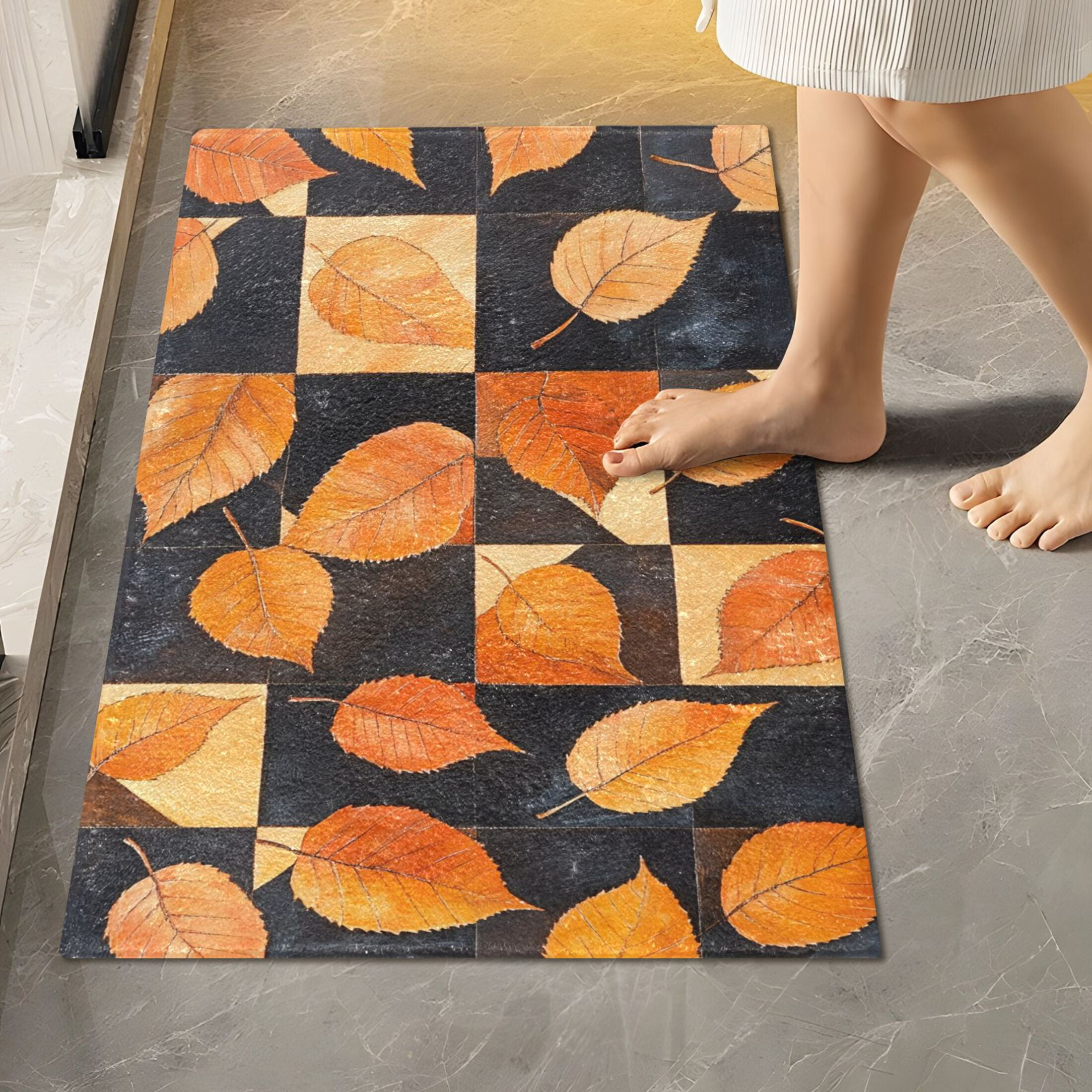 Ryvnso Autumn Leaves on Checkered Grid Bathroom Shaggy Rugs Toilet ...