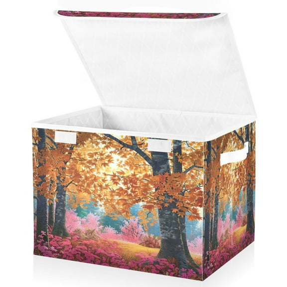 Ryvnso Autumn Maple Leaf Forest Large Lidded Foldable Storage Baskets Cubes Boxes Lids Bin for Home